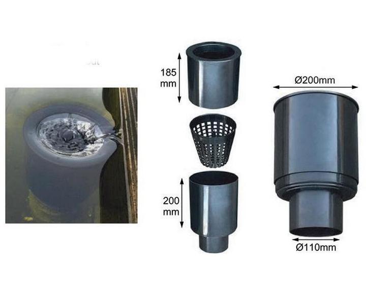 Floating skimmer with a diameter of approx. 200mm and a 110mm pipe connection at the bottom side. Comes with basket, can be used without basket.